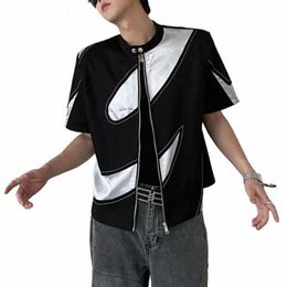 Incerun Tops 2023 Estilo coreano Ctrasting de los hombres gráfico hombro blusa blusa casual recortada con cremallera camisas de manga corta S-5XL r0yd #
