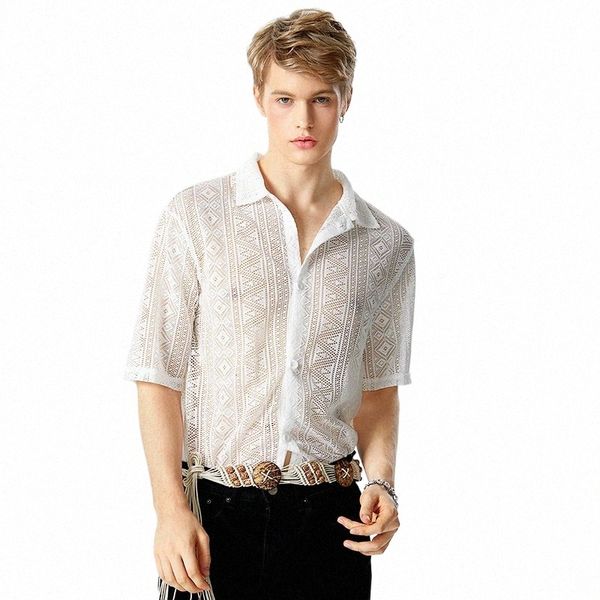 Incerun Tops 2024 Estilo americano Casual Mens Hollow Lace Impreso Camisas Fi Street Venta caliente Blusa de solapa de manga corta S-5XL Z61K #