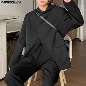 INCERUN hauts Style coréen beaux hommes à capuche diagonale patte conception costume solide tout-match décontracté rue mâle Blazer S-5XL 240311