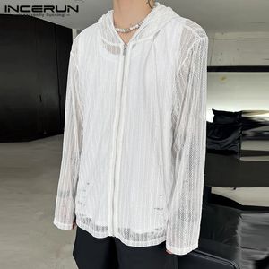 Tops Incerun Men de style coréen Black White Lace Hollowed Cabinage Shirts Streetwear Casual Thin Blouse Clouse S-5XL 240524