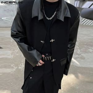 INCERUN hauts Style coréen hommes boucle en métal épissage Blazer mode mâle Imitation cuir à manches longues costume manteaux S5XL 240223