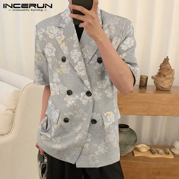 INCERUN Tops estilo coreano hombres pintura al óleo peonía impresión Blazers Casual fiesta streetwear masculino trajes de manga corta S-5XL 240318