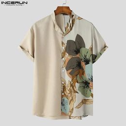 Incerun Tops Koreaanse stijl mannen Simple Two Color Patchwork Blouse Casual Plant Patroon Gedrukte korte mouwen Shirts S-5XL 240424