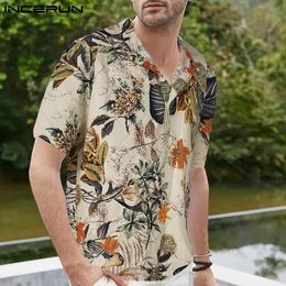 Incerun Tops Men Gedrukte kraag korte mouw Casual shirt Hawaiiaans strand mannelijke katoenen mode blouse zomer streetwear S3XL 240415