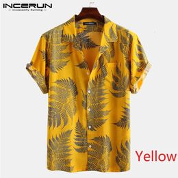 Incerun Tops Hombres Camisas de lana de lana de manga de manga para hombres Camisetas de hojas de hoja tropical Camisa hawaiana Camisa S-5XL 240424