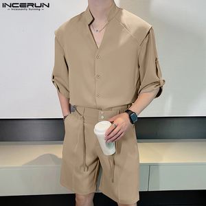 Inceurn Koreaanse stijl Mens Casual pak korte mouwen shirts shirts shorts mannelijke mode solide all-match V-neck tweedelige sets S-5XL 240402