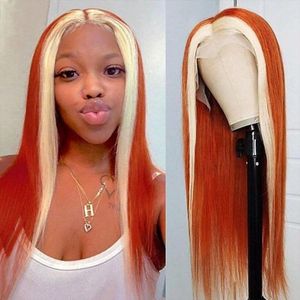 Perruque Lace Front Wig Remy naturelle lisse, cheveux humains, Orange gingembre, 613 pouces, 13x4, pre-plucked, avec rayures blondes, pour femmes