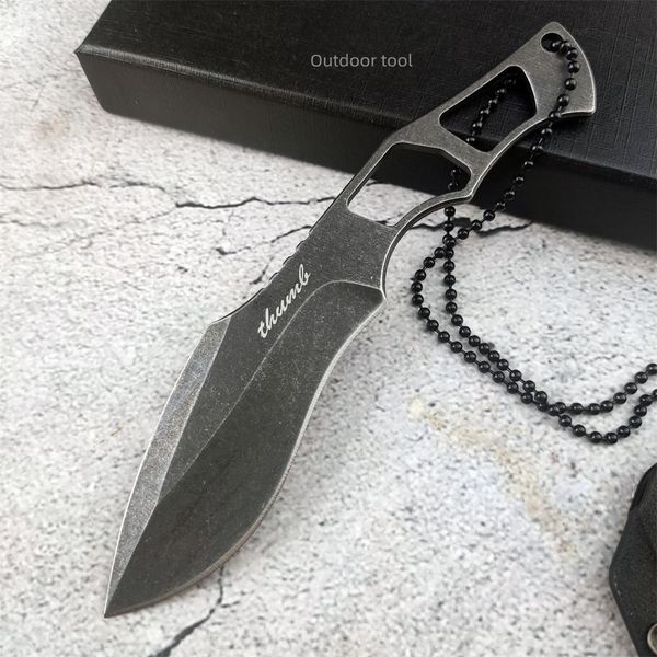 Cuchillo táctico de hoja fija de 5,7 pulgadas con cadena, cuchillo de supervivencia en la jungla de autodefensa de acero inoxidable lavado a piedra de una pieza EDC