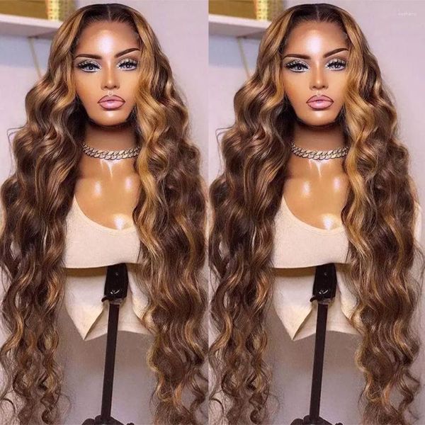 Pulgadas Transparente 13x4 Encaje Frontal Pelucas de cabello humano Resalte Ombre Body Wave Frontal Brasileño Peluca ondulada con agua