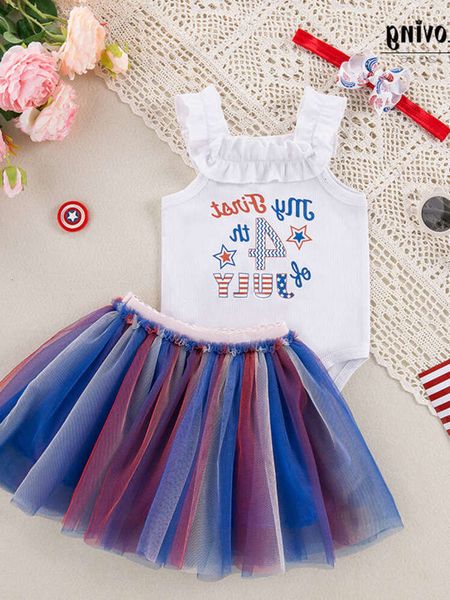 Independence American Day Baby Set Printed Letter Ruffle Lace Sans manches Sweetheart Mesh Princess Robe Hair Accessories