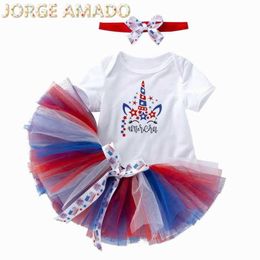 Independence Day Baby Girl Vêtements Coton À Manches Courtes Barboteuse + Jupes Colorées + Bandeaux 3 Pièces Costume Vêtements YK010 210610