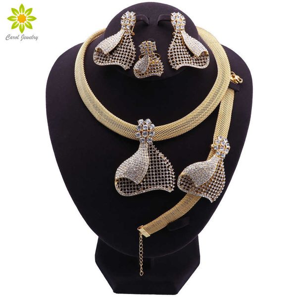 Inde or couleur collier boucles d'oreilles anneau Bracelet ensemble pour les femmes cadeau africain mariée cadeaux de mariage cristal ensembles de bijoux H1022