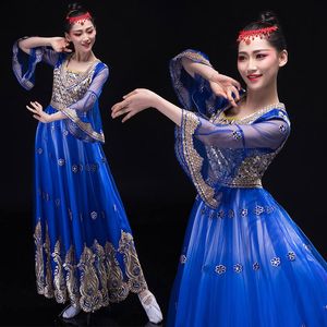 India Stage Wear Uygur Etnische Stijlen Kostuum Vrouw Folk Dansende Apparel Elegent Lady Borduurwerk Blauwe Lange Jurk