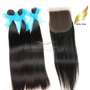 India Virgin Menselijk Haar Wefts met Kantsluiting Middendeel Silky rechte natuurlijke kleur 8-26 inch Bellaha