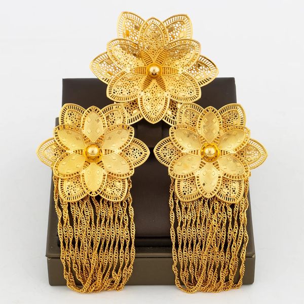 DISDO 18K Gold 2pcs Sets anillo de dedo y aretes para mujeres Moda de joyería de boda nigeriana marroquíes Regalos 240522