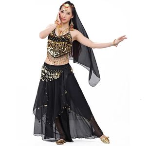 Ensemble de costumes indiens 4 pièces, voile de danse du ventre, haut, pièces de monnaie, écharpe de hanche, jupe, Costume de danse du ventre pour femmes, 240202