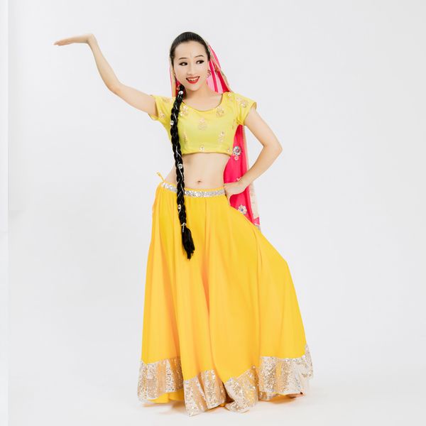 Falda de danza india para mujeres Tamaño de adultos Big Swing Multicolor Skirt Belly Dance Dance Bollywood Dance Stage Performance DQL6630