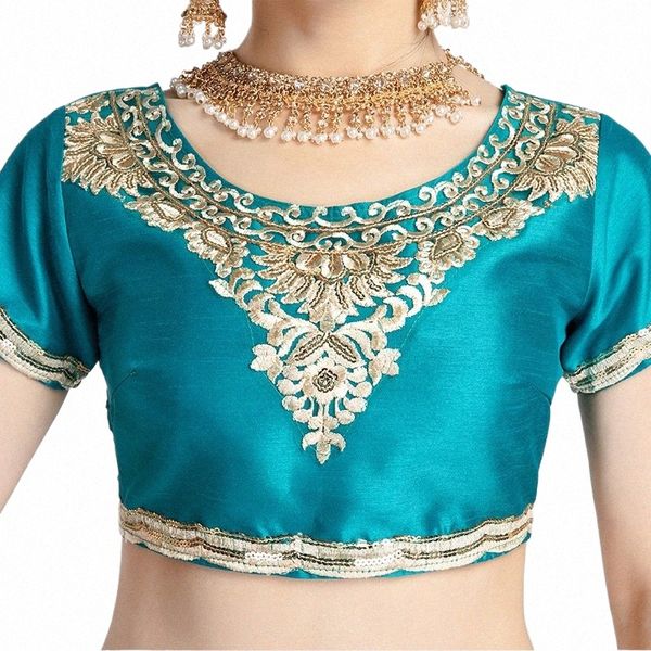 Tops de danza india Mujeres Adulto Manga corta Cuello redondo Camisa bordada Trajes de danza del vientre Bollywood Performance Wear DQL8067 X6SW #