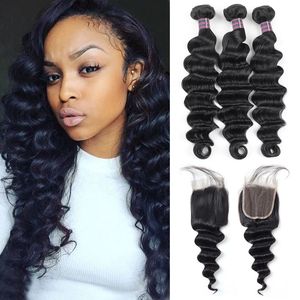 Ishow Indian Menselijk Haarbundels met 4x4 Kantsluiting Braziliaanse 3 stks Losse Diepe Wave Virgin Extensions voor vrouwen Alle leeftijden Natuurlijke kleur 8-28inch