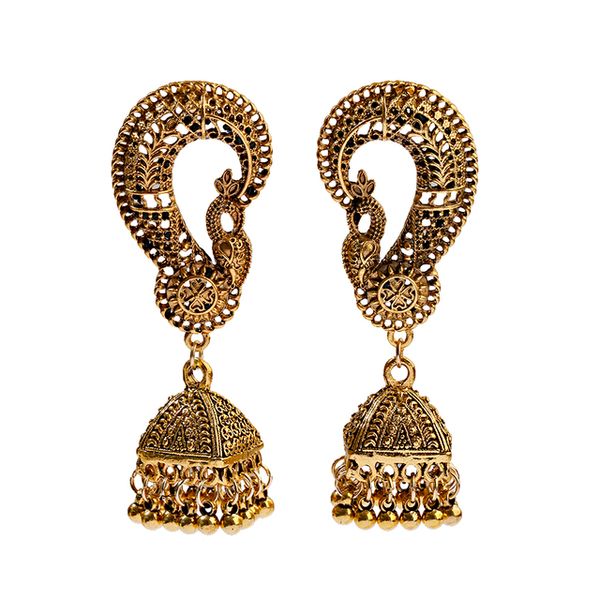 Boucles d'oreilles indiennes pour femmes, couleur dorée traditionnelle, paon, bijoux indiens, gitane, Vintage, ethnique, boucles d'oreilles pendantes, Jhumka