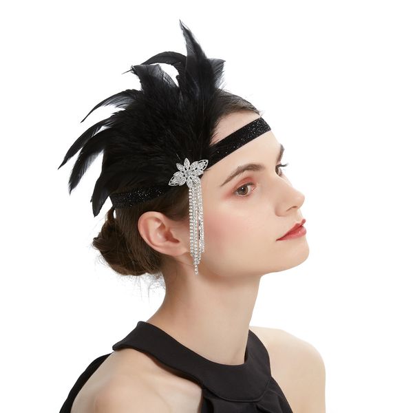 Estilo étnico indio adorno para el cabello de plumas negras de la camarilla de la camarilla de la camarilla vintage gatsby tituso flapper flapter flapher cabeza