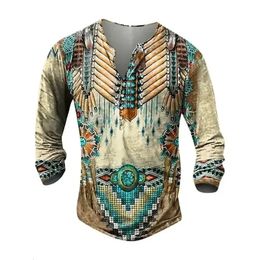 Chemises d'origine ethnique indien Henley Shirts 3D Print Shirt for Men Vintage Mens Vêtements Long Manche Buttondown T Tees Tops 240412