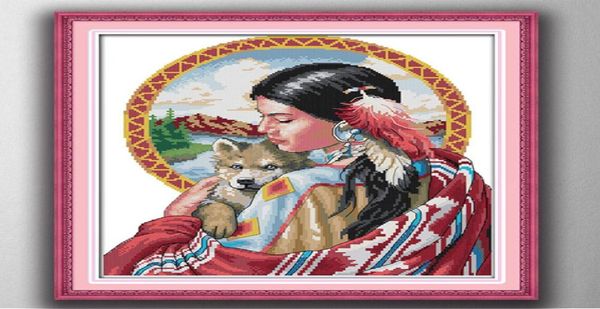 Niña india, mujer y perro, estilo de pintura, juegos de costura de punto de cruz, kits de bordado, pinturas contadas impresas en lienzo DMC 14C1389690