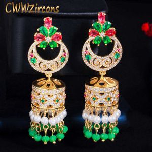 Indian Gold Color Green Red CZ Etnische Vintage Lange Dangle Druppel Kwastje Oorbellen Voor Vrouwen Handgemaakte Party Sieraden CZ765 210714