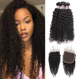 Cheveux indiens Kinky Vague bouclée 3 faisceaux de cheveux humains avec fermeture péruvienne vierge cheveux wefts