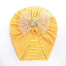 Indiase hoed kanten bowknot gestreepte pasgeboren caps meisjes prinses dunne gaas tulband zachte zonnebrandcrème katoenen hoofd wraps kinderen motorkap beanie haaraccessoires