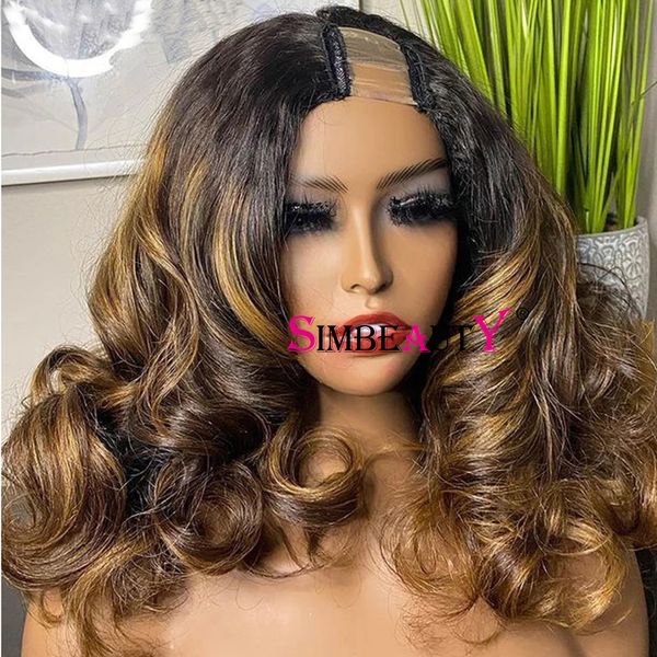 Indian Highlights Honey Blonde Loose Wave U Part Perruques Milieu Ouvert Ombre Bouncy Wavy 100% Perruque de Cheveux Humains V Forme Full Machine Made Full End Pour Femmes