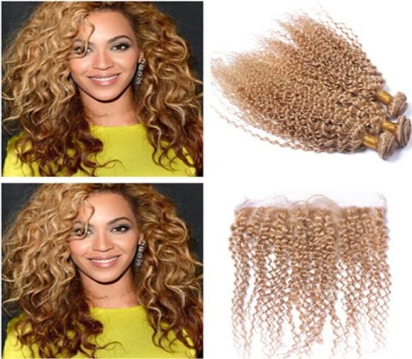 Indian Honey Blonde Ombre Cabello humano teje con oreja a oreja Frontal Kinky Curly 27 Strawberry Blonde 3 paquetes con encaje completo 13x4 7349691