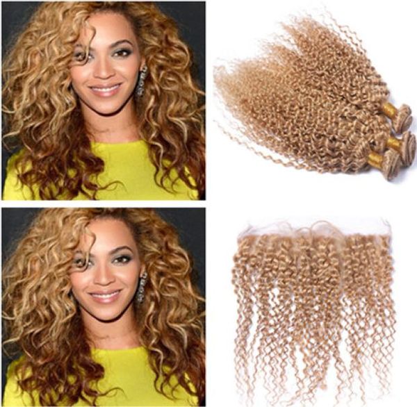 Indian Honey Blonde Ombre Cabello humano teje con oreja a oreja Frontal Kinky Curly 27 Strawberry Blonde 3 paquetes con encaje completo 13x4 3851004