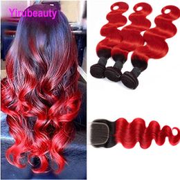 Indian Human Hair 3 Bundels met 4x4 kanten sluiting Lichaamsgolf 1B/Rode Twee tonen Kleur 1B Red Body Wave 4 stuks/Lot