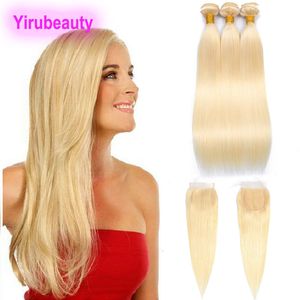 Bundles de cheveux humains indiens avec fermeture à lacet 4X4 droites 613 # Bundles droites de couleur blonde avec fermeture Extensions de cheveux de bébé 10-28 pouces