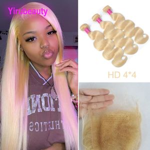 Tournettes doubles à cheveux humains indiens avec HD 4x4 Clôture en dentelle Couleur blonde 3 paquets avec fermetures 613 # produits de cheveux raides 10-32 pouces