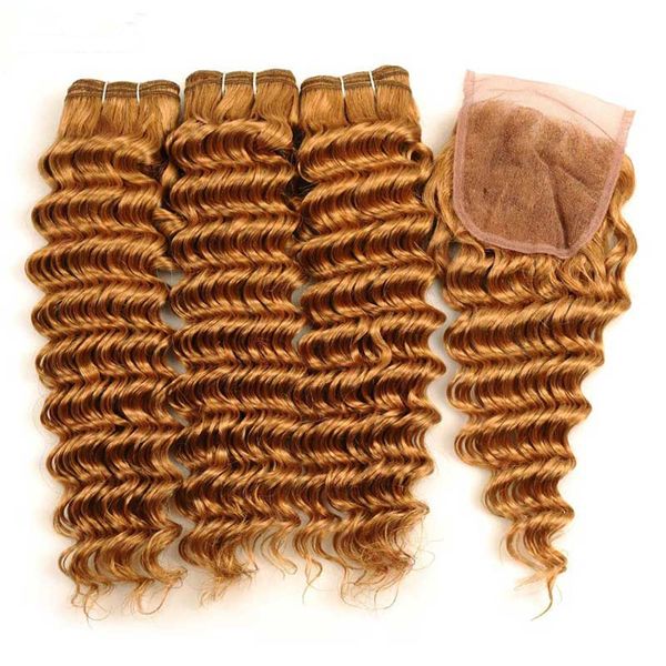 Cheveux humains indiens Honey Blonde Deep Wave 3Bundles avec fermeture # 27 Marron clair Deep Wavy Lace Front Closure 4x4 avec Weave Bundles