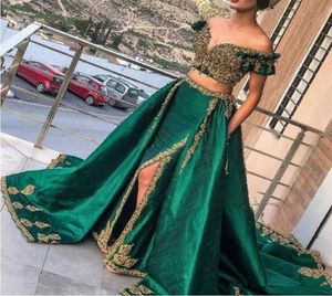 Cazador indio Verde Vestidos de noche de 2 piezas con apliques de encaje dorado Vestidos de fiesta Sexy Arabia Saudita con cuentas Kaftan abaya Wear3795063