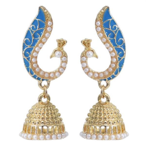 Boucles d'oreilles indiennes Jhumka pour femmes, en forme de paon doré, avec cloches de perles d'imitation, pompon, bijoux de fête, cadeau 207x