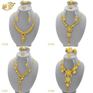 Ensembles de bijoux de couleur or de luxe indien nigérian nuptiale de mariage Banquet ras du cou bijoux arabe collier de fleurs ensemble cadeau en gros 240320