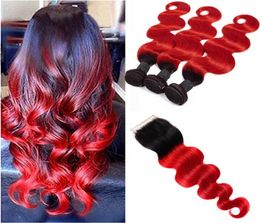 Hair vierge brut indien 3 paquets avec fermeture de la fermeture 4x4 onde de corps 1 de couleur 4 ans Wave du corps 1b Rouge Terouts Wi8204143