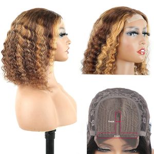 Perruque Bob Lace Closure Wig Remy indienne, cheveux vierges crus, 4x4, 100% cheveux humains, couleur Piano, crépus bouclés, 10-16 pouces, P4/27 4x4x1