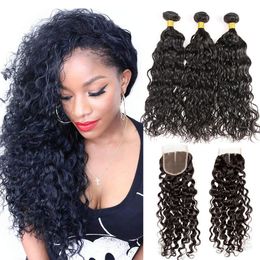 Indian Raw Vigin Human Hair 3 paquets avec 4x4 Ferme de dentelle humide et ondul￩e 4 morceaux / lot Extensions de cheveux avec fermetures cheveux pour b￩b￩