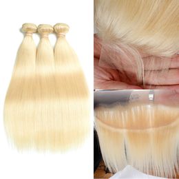 Indien Remy cheveux humains cheveux blonds 3 paquets avec 44 fermeture à lacets 13x4 frontale pure 613 couleur trames de cheveux raides avec fermeture Bo7023784
