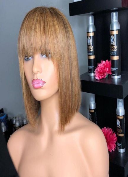 Perruque de cheveux humains indiens courts Bob Highlight 13x6 Deep Part Lace Front avec frange Golden Brown Fringe Wigs full laceS 360 frontal64023603448