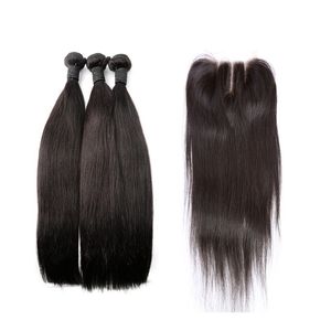 Bundles de cheveux indiens avec fermeture Silky Straight Virgin Tissages de cheveux humains Fermeture 3 pièces avec fermeture à lacet Trois parties 4pcs / lot Bellahair