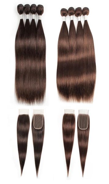 Paquets de cheveux humains droits indiens avec fermeture 2 4 brun chocolat 3 ou 4 paquets avec fermeture à lacet extensions de cheveux humains Remy7546147