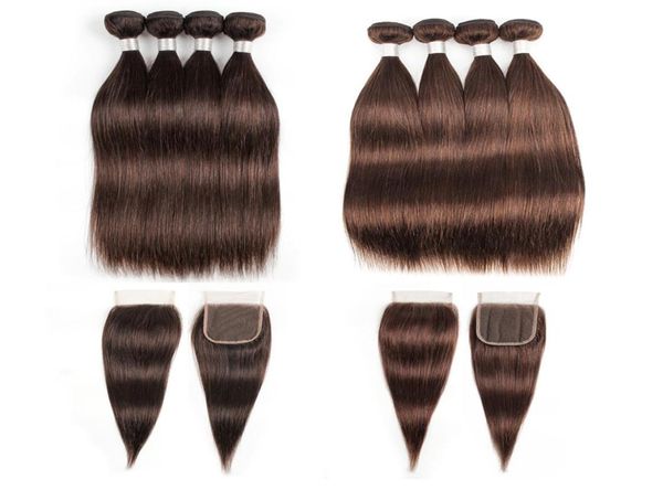 Paquets de cheveux humains droits indiens avec fermeture 2 4 brun chocolat 3 ou 4 paquets avec fermeture à lacet extensions de cheveux humains Remy5982652