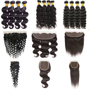 Indian Straight Virgin 4 Bundles avec frontal 100% non transformé en vague profonde Human Hair 13x4 avec la fermeture de la dentelle d'oreille pour les femmes noires