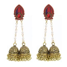 Indische Stijl Gouden Jhumki Jhumka Oorbellen met Dubbele Bells Kralen Imitatie Parel Tassel Dangle Oorbellen voor Vrouw Charm Sieraden